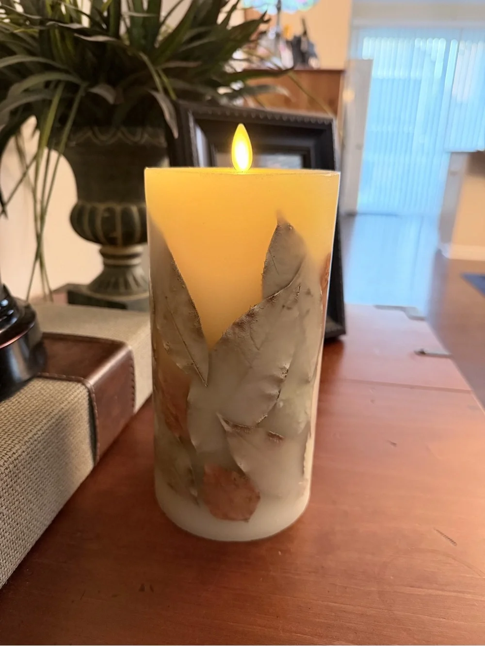 Vintage flameless Cream with Leaf accents  Pillar Candle